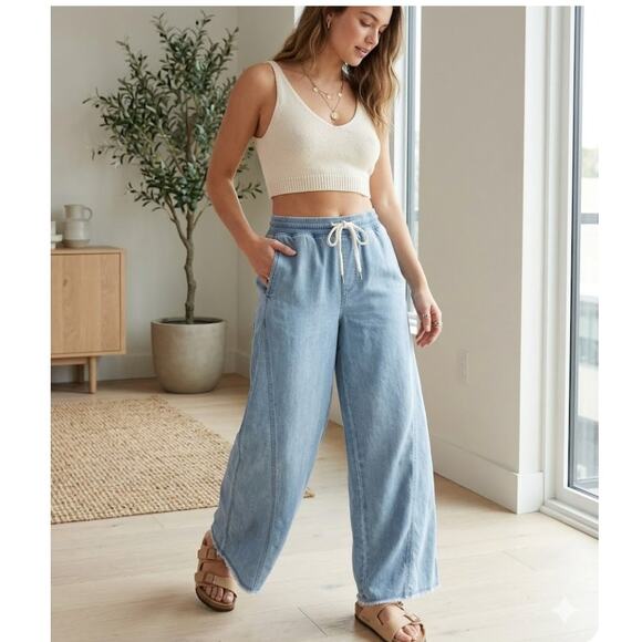 aerie Pants - Aerie Soft Landing Trousers Blue Wide Leg Seamed Front Raw Hem XS Short
